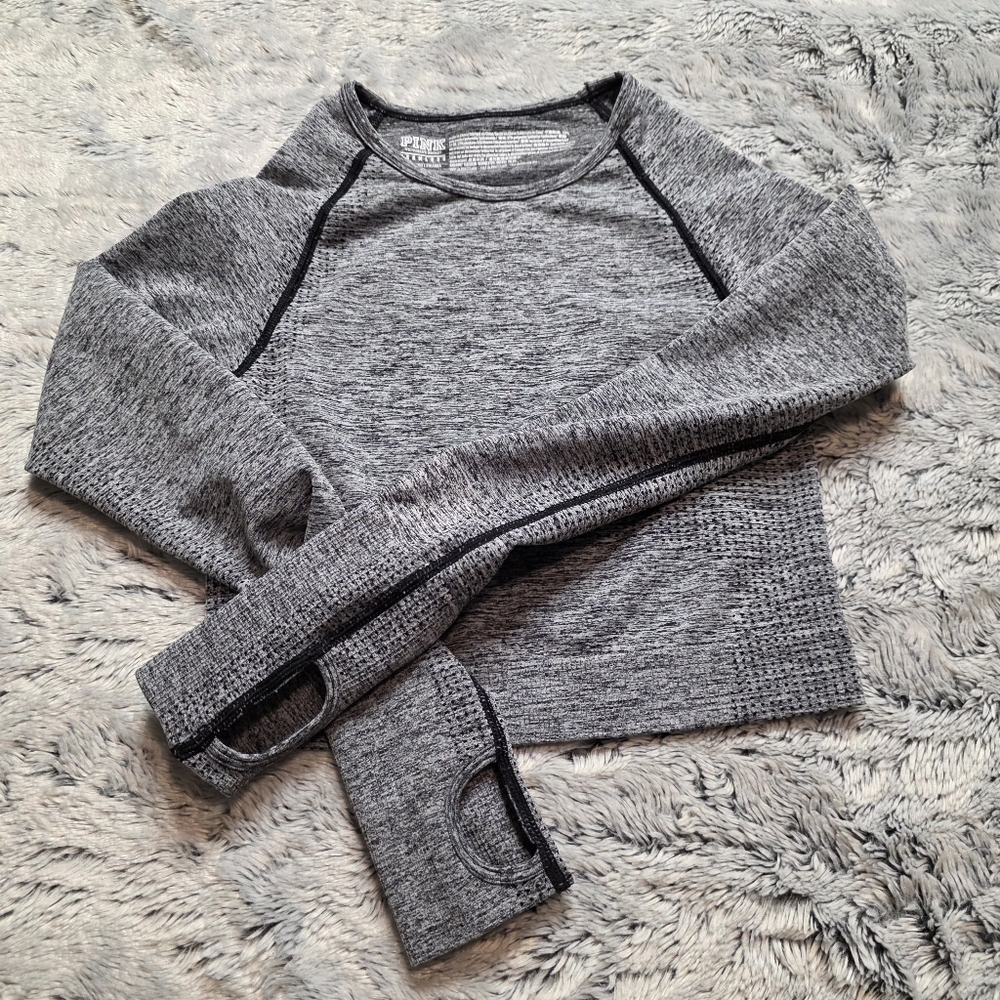 PINK Victoria's Secret Grey Workout Crop Top Long Sleeve Thumb Holes S